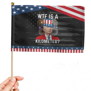 WTF is A Kilometer Patriotic Handheld Flag Funny 4th of July TS14 Distressed 8.2" × 5.5" Black Blue Print Your Wear