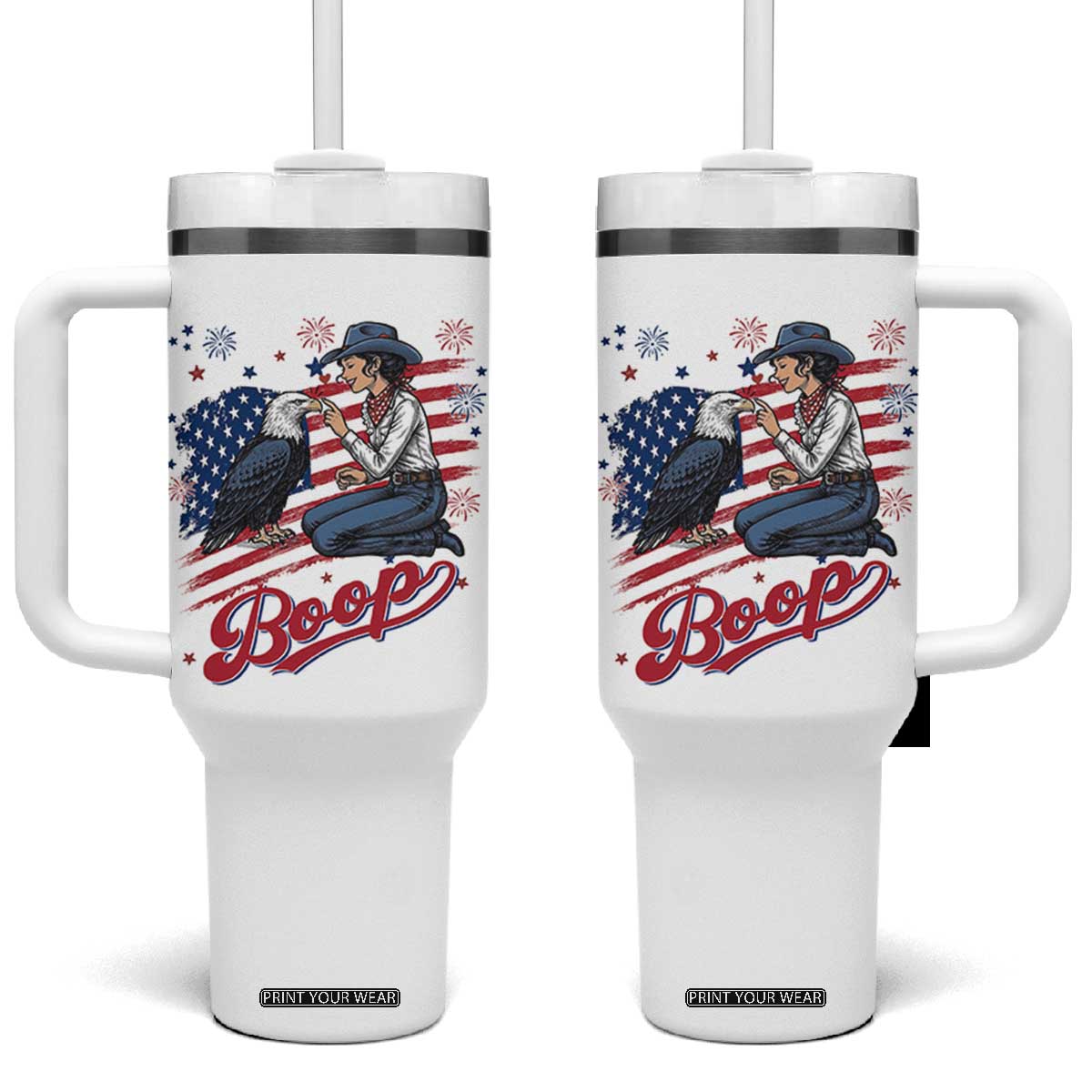 Boop Eagle Tumbler With Handle Western Cowgirl Patriotic USA American 4th of July TS14 One Size: 40 oz White Print Your Wear