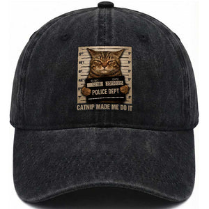Funny Cat Mugshot Washed Cotton Baseball Cap Catnip Made Me Do It TS14 Washed Cap Universal Fit Black Print Your Wear