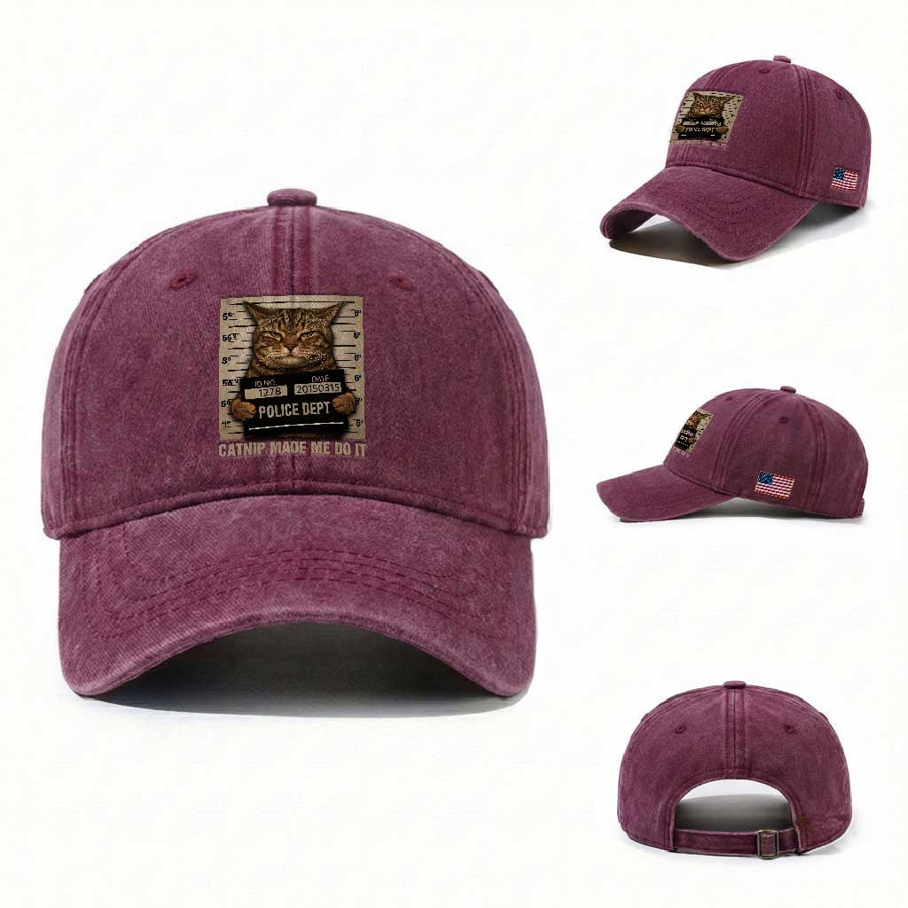 Funny Cat Mugshot Washed Cotton Baseball Cap Catnip Made Me Do It TS14 Washed Cap Universal Fit Burgundy Print Your Wear