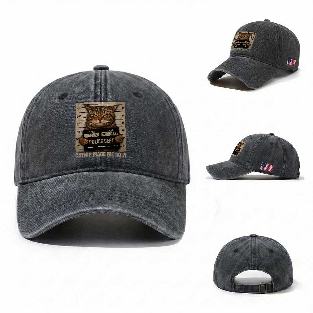 Funny Cat Mugshot Washed Cotton Baseball Cap Catnip Made Me Do It TS14 Washed Cap Universal Fit Dark Gray Print Your Wear