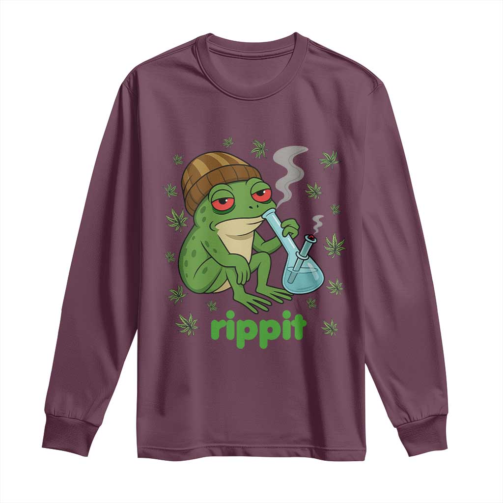 Rippit Frog Long Sleeve Shirt Funny 420 Stoner Weed Humor TS14 Maroon Print Your Wear