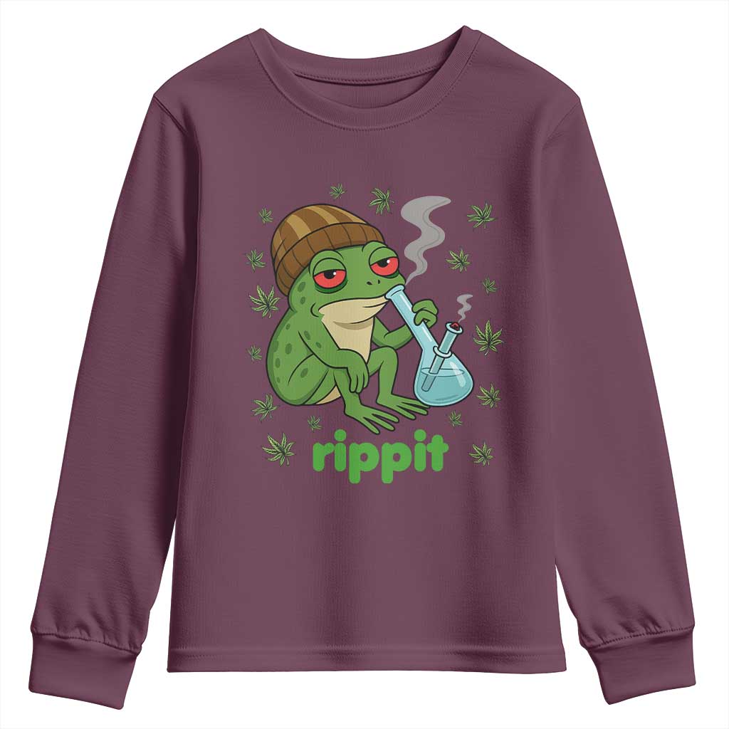 Rippit Frog Youth Sweatshirt Funny 420 Stoner Weed Humor TS14 Maroon Print Your Wear