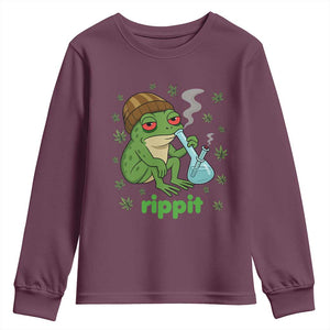Rippit Frog Youth Sweatshirt Funny 420 Stoner Weed Humor TS14 Maroon Print Your Wear