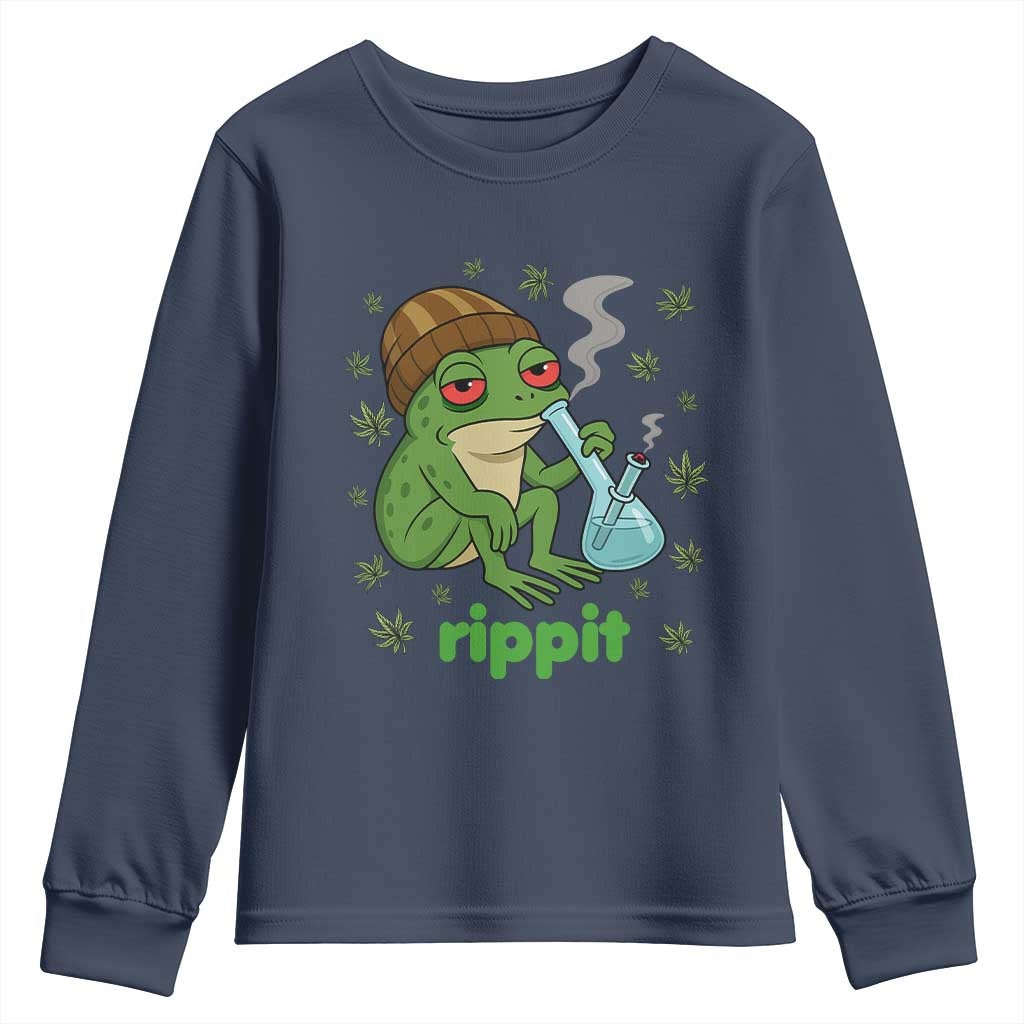 Rippit Frog Youth Sweatshirt Funny 420 Stoner Weed Humor TS14 Navy Print Your Wear