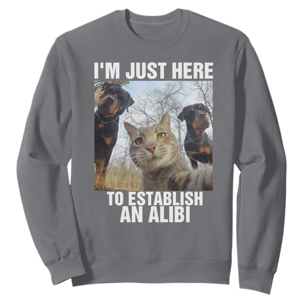 Funny Cat Dog Selfie Sweatshirt I Am Just Here To Establish An Alibi TS14 Charcoal Print Your Wear