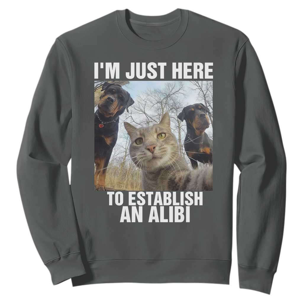 Funny Cat Dog Selfie Sweatshirt I Am Just Here To Establish An Alibi TS14 Dark Heather Print Your Wear