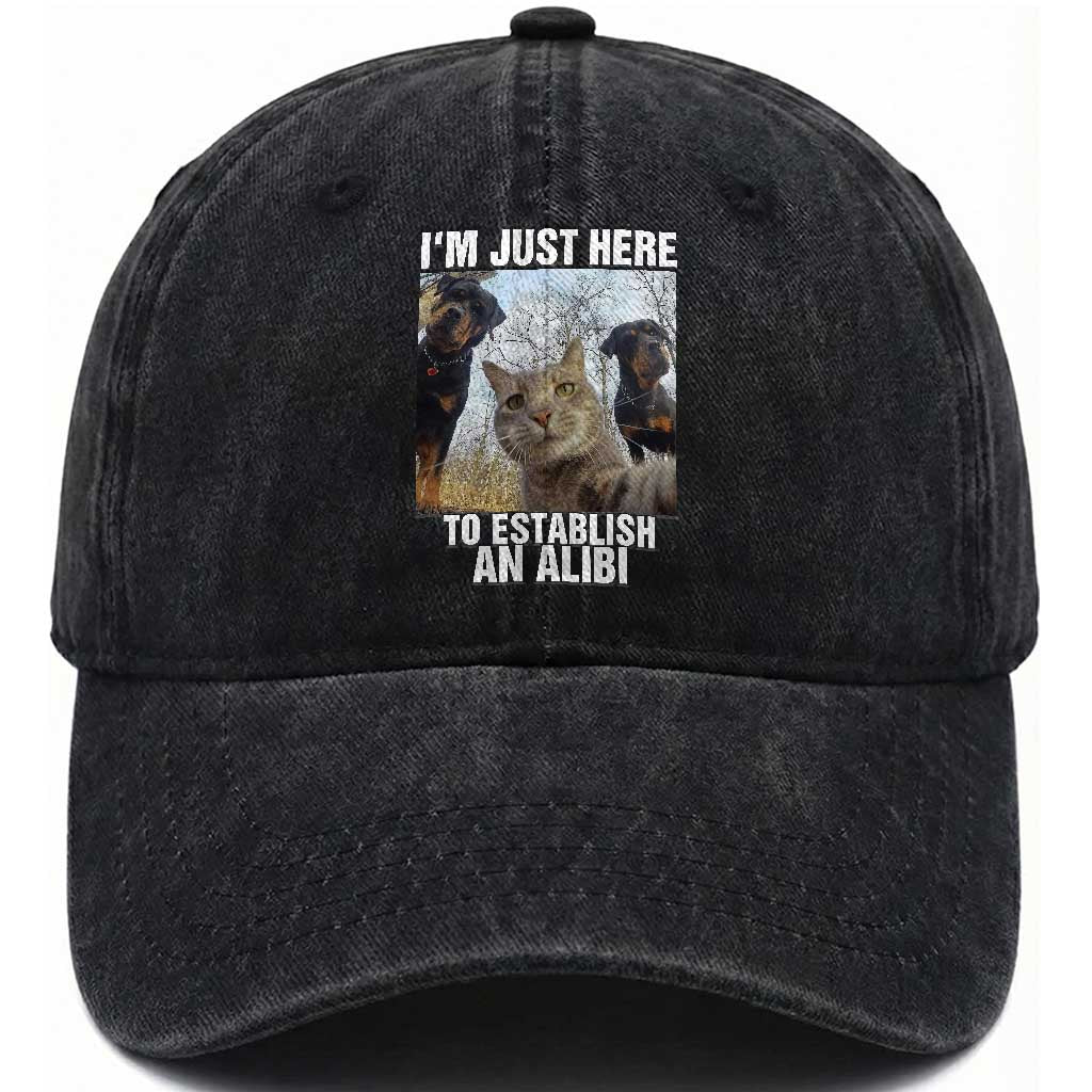 Funny Cat Dog Selfie Washed Cotton Baseball Cap I Am Just Here To Establish An Alibi TS14 Washed Cap Universal Fit Black Print Your Wear