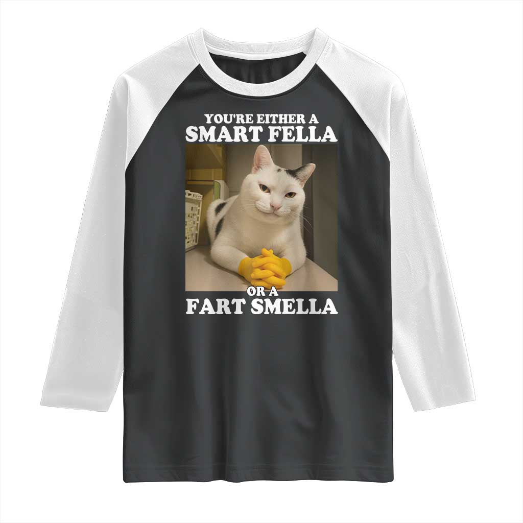 Funny Cat Meme Raglan Shirt You Are Either A Smart Fella Or A Fart Smella TS14 Black White Print Your Wear