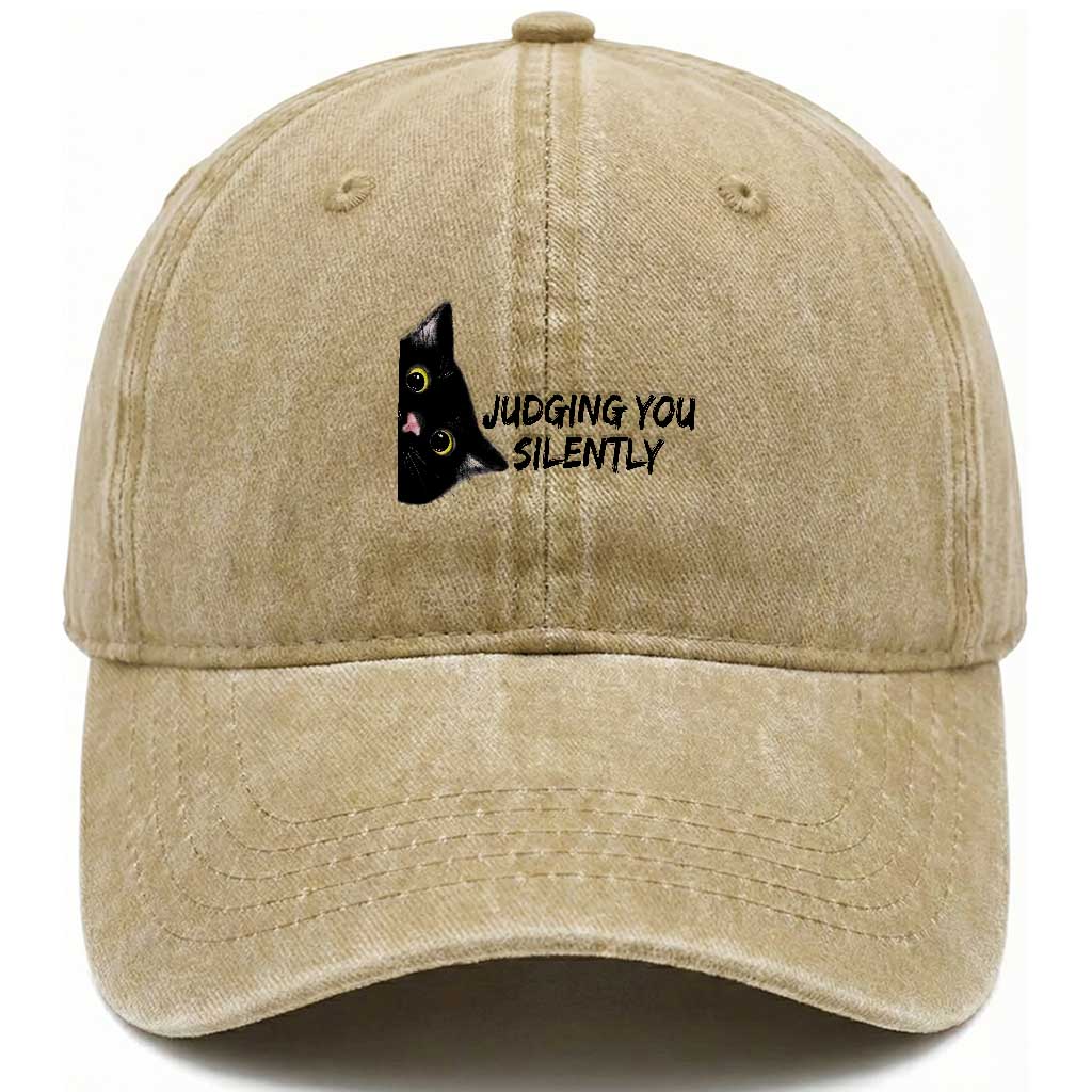 Judging You Silently Black Cat Washed Cotton Baseball Cap Funny Sarcastic Kitten Pet Lovers TS14 Washed Cap Universal Fit Khaki Print Your Wear