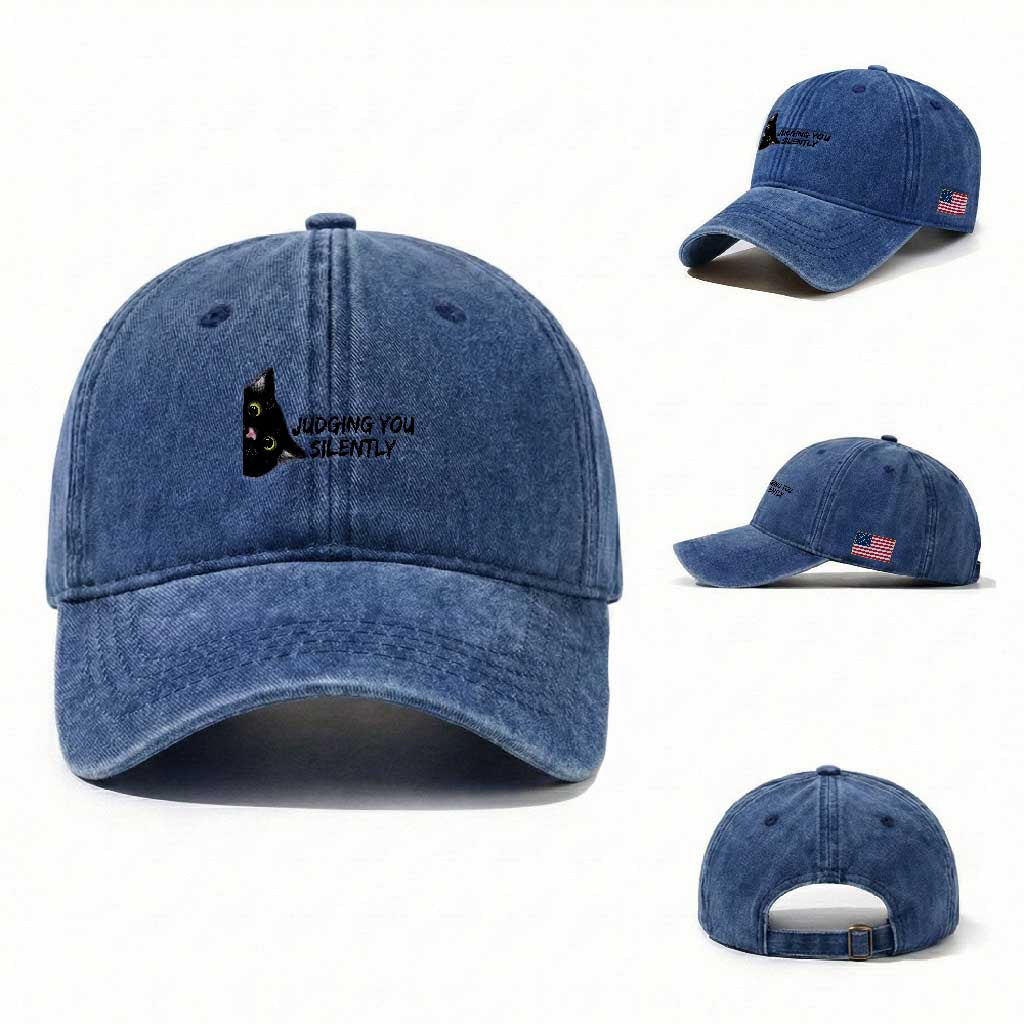Judging You Silently Black Cat Washed Cotton Baseball Cap Funny Sarcastic Kitten Pet Lovers TS14 Washed Cap Universal Fit Royal Blue Print Your Wear