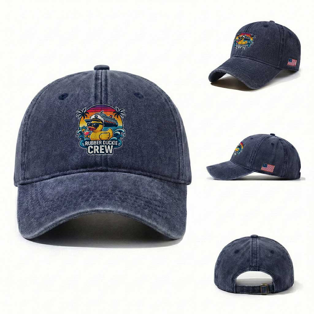 Funny Rubber Duckie Cruise Washed Cotton Baseball Cap TS14 Washed Cap Universal Fit Navy Print Your Wear