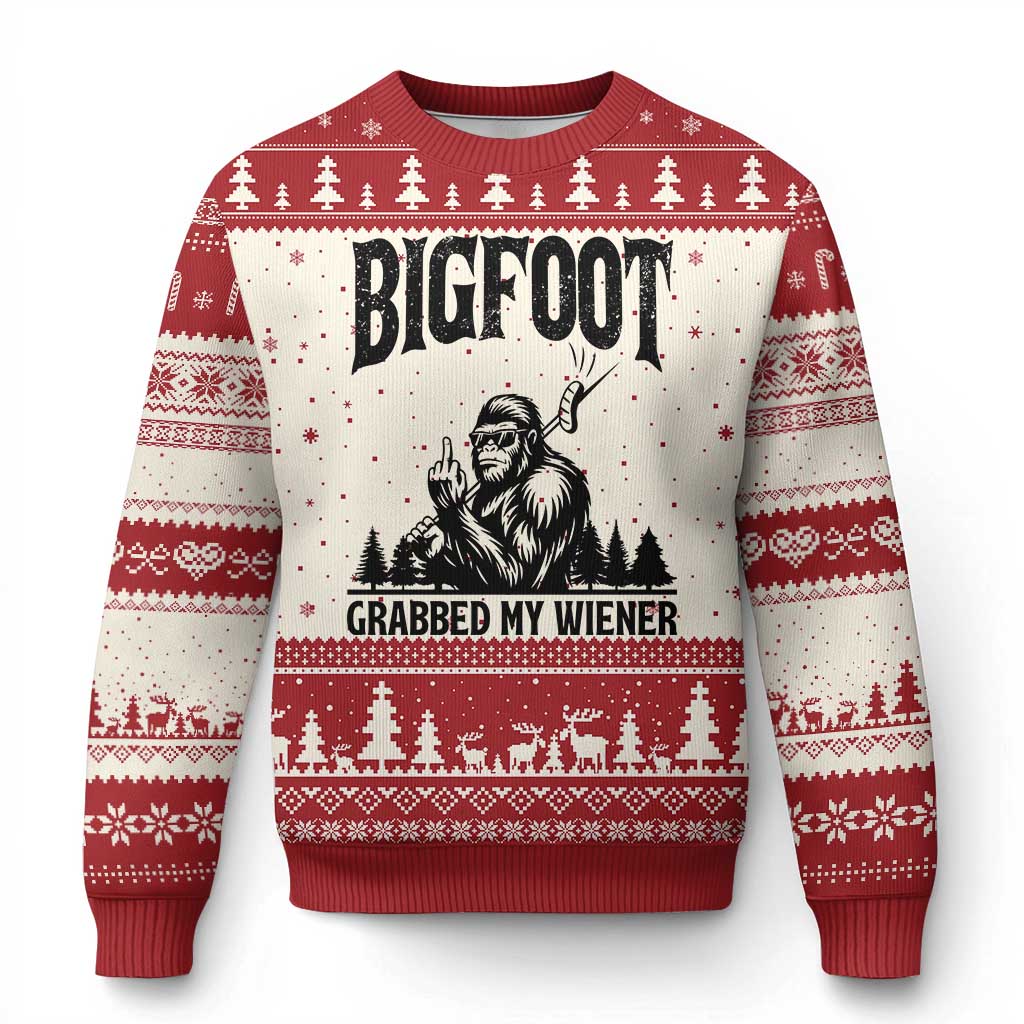 Bigfoot Grabbed My Wiener Ugly Christmas Sweater Funny Sasquatch Camping TS14 Beige Red Print Your Wear