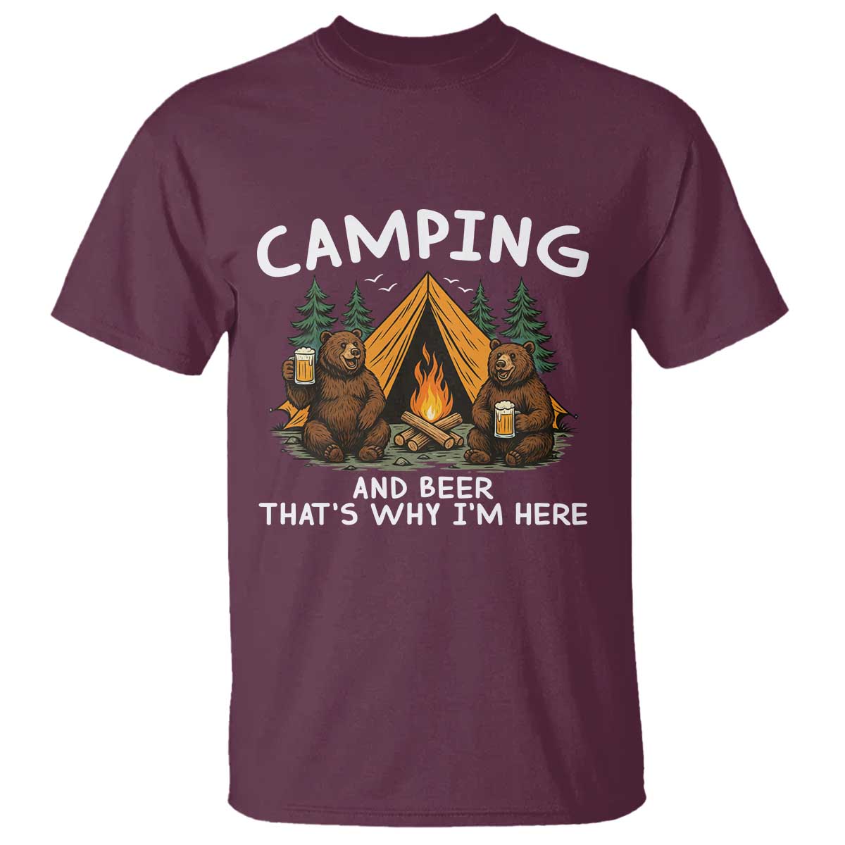 Funny Camping Beer T Shirt Bear Drinking Lover Gift TS14 Maroon Print Your Wear