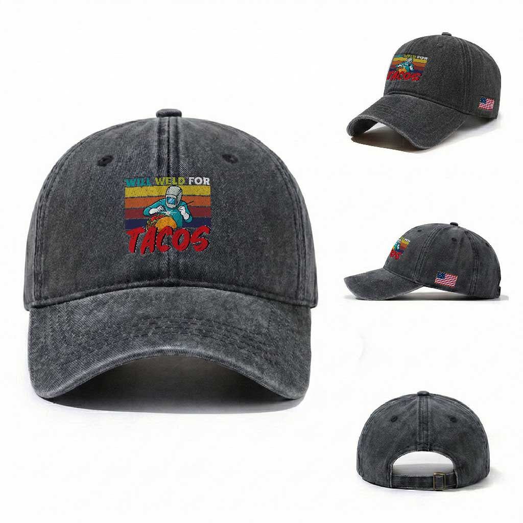Funny Welding Washed Cotton Baseball Cap Will Weld For Tacos TS14 Washed Cap Universal Fit Dark Gray Print Your Wear