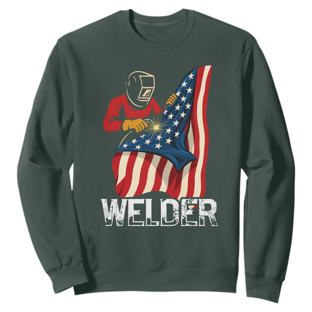 Welder Patriotic American Flag Sweatshirt TS14 Dark Forest Green Print Your Wear