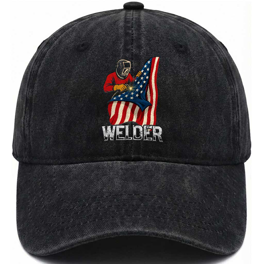 Welder Patriotic American Flag Washed Cotton Baseball Cap TS14 Washed Cap Universal Fit Black Print Your Wear