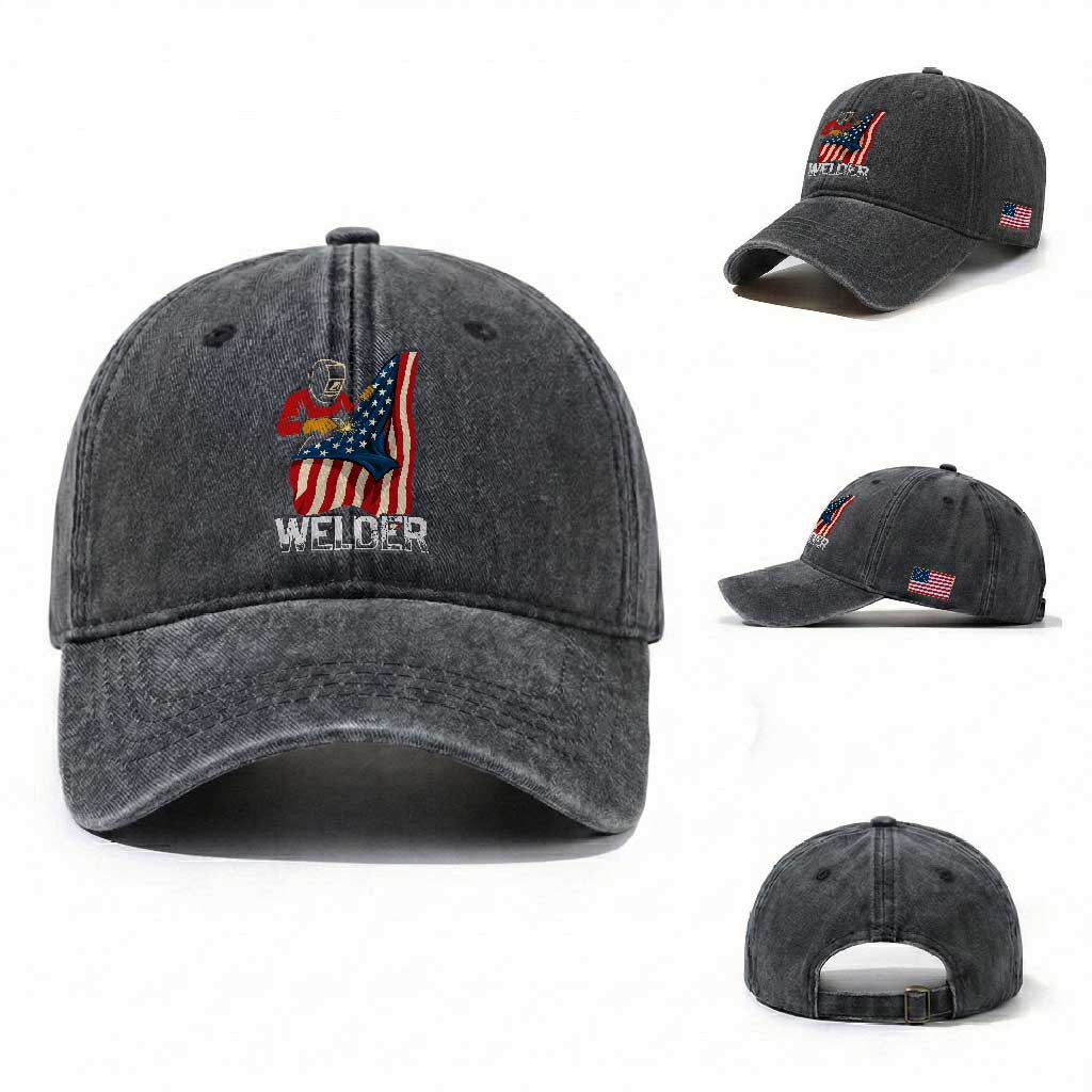 Welder Patriotic American Flag Washed Cotton Baseball Cap TS14 Washed Cap Universal Fit Dark Gray Print Your Wear
