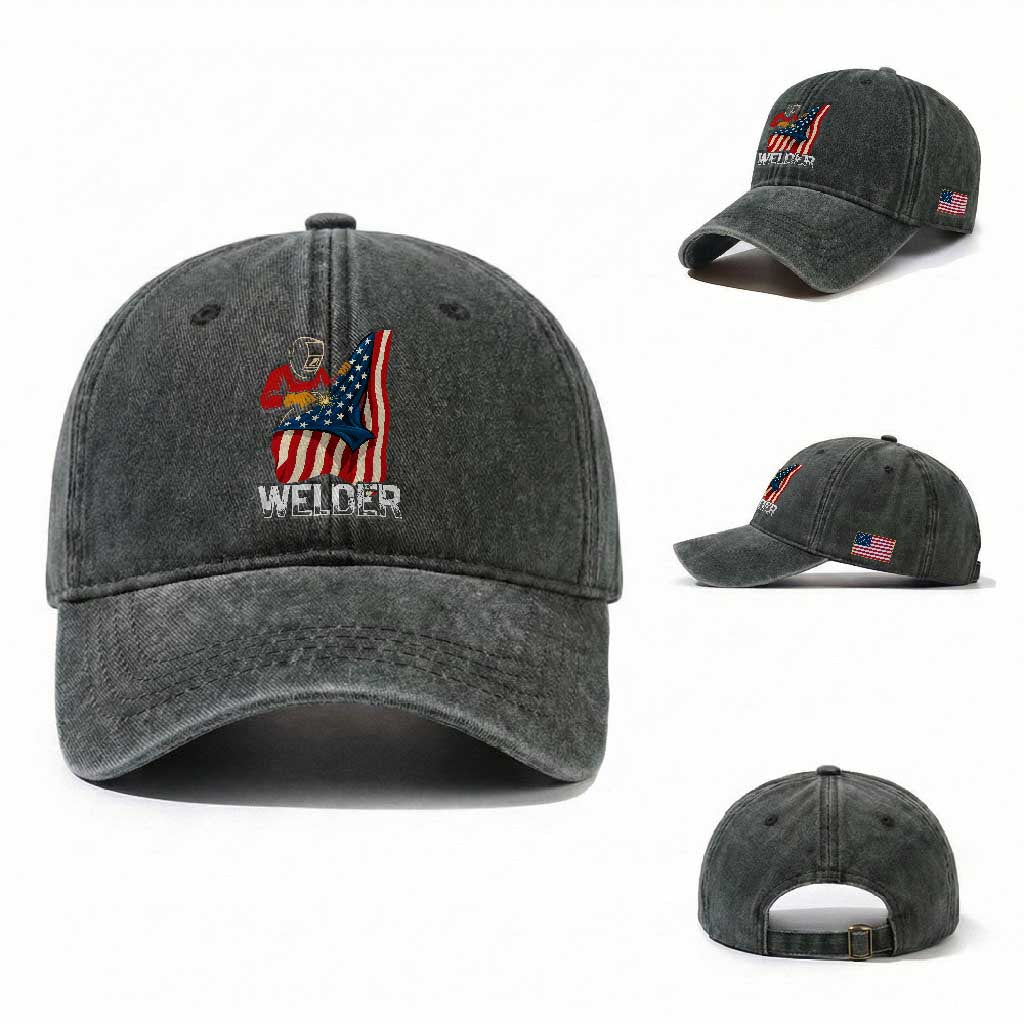 Welder Patriotic American Flag Washed Cotton Baseball Cap TS14 Washed Cap Universal Fit Dark Green Print Your Wear