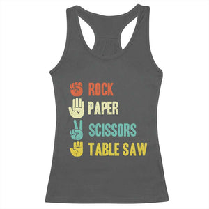 Funny Woodworker Racerback Tank Top Rock Paper Scissors Table Saw TS14 Dark Heather Print Your Wear