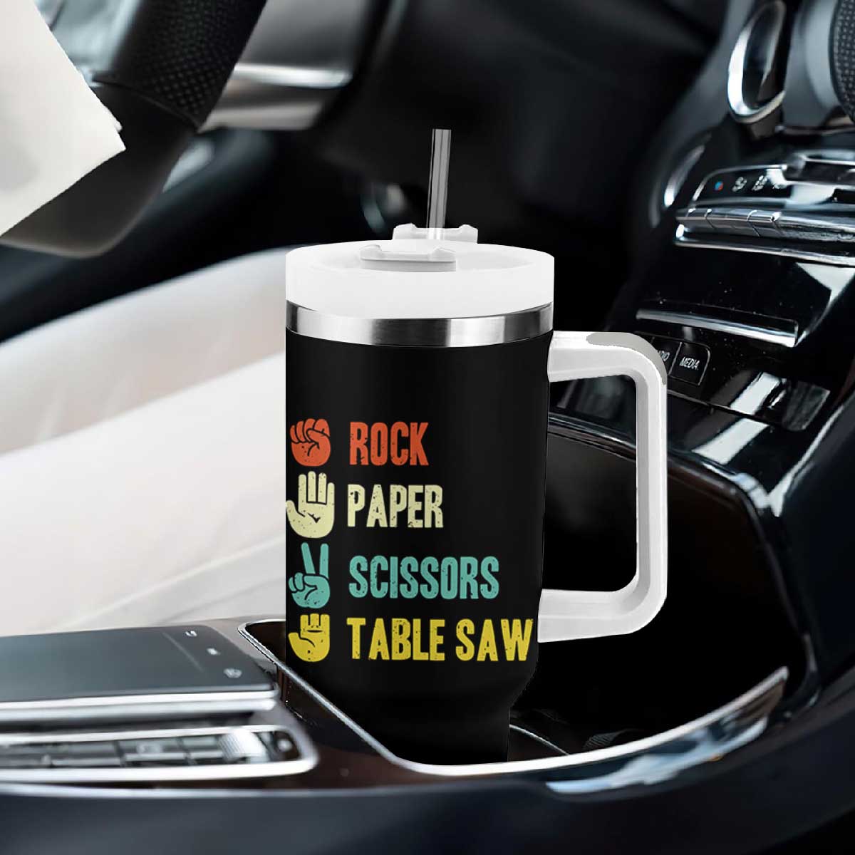 Funny Woodworker Tumbler With Handle Rock Paper Scissors Table Saw TS14 Print Your Wear