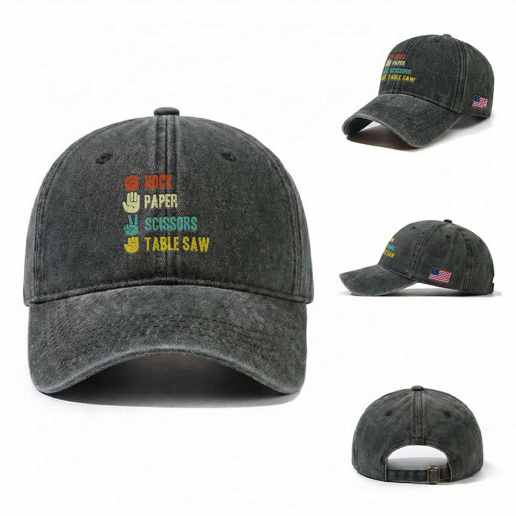 Funny Woodworker Washed Cotton Baseball Cap Rock Paper Scissors Table Saw TS14 Washed Cap Universal Fit Dark Green Print Your Wear