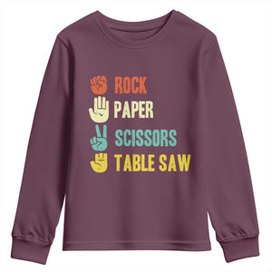 Funny Woodworker Youth Sweatshirt Rock Paper Scissors Table Saw TS14 Maroon Print Your Wear