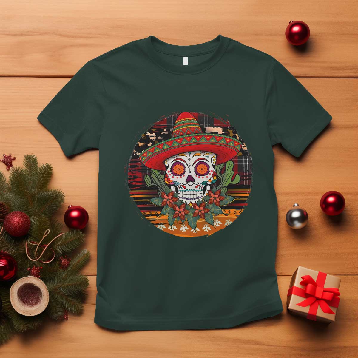 Sugar Skull Mexican Christmas T Shirt TS14 Dark Forest Green Print Your Wear