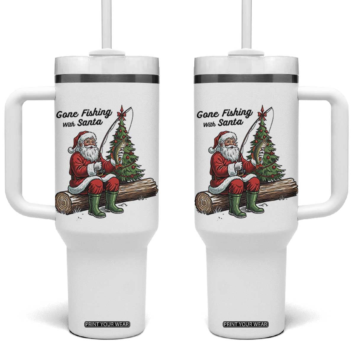 Santa Fishing Chritsmas Tumbler With Handle Funny Fisherman Xmas TS14 One Size: 40 oz White Print Your Wear