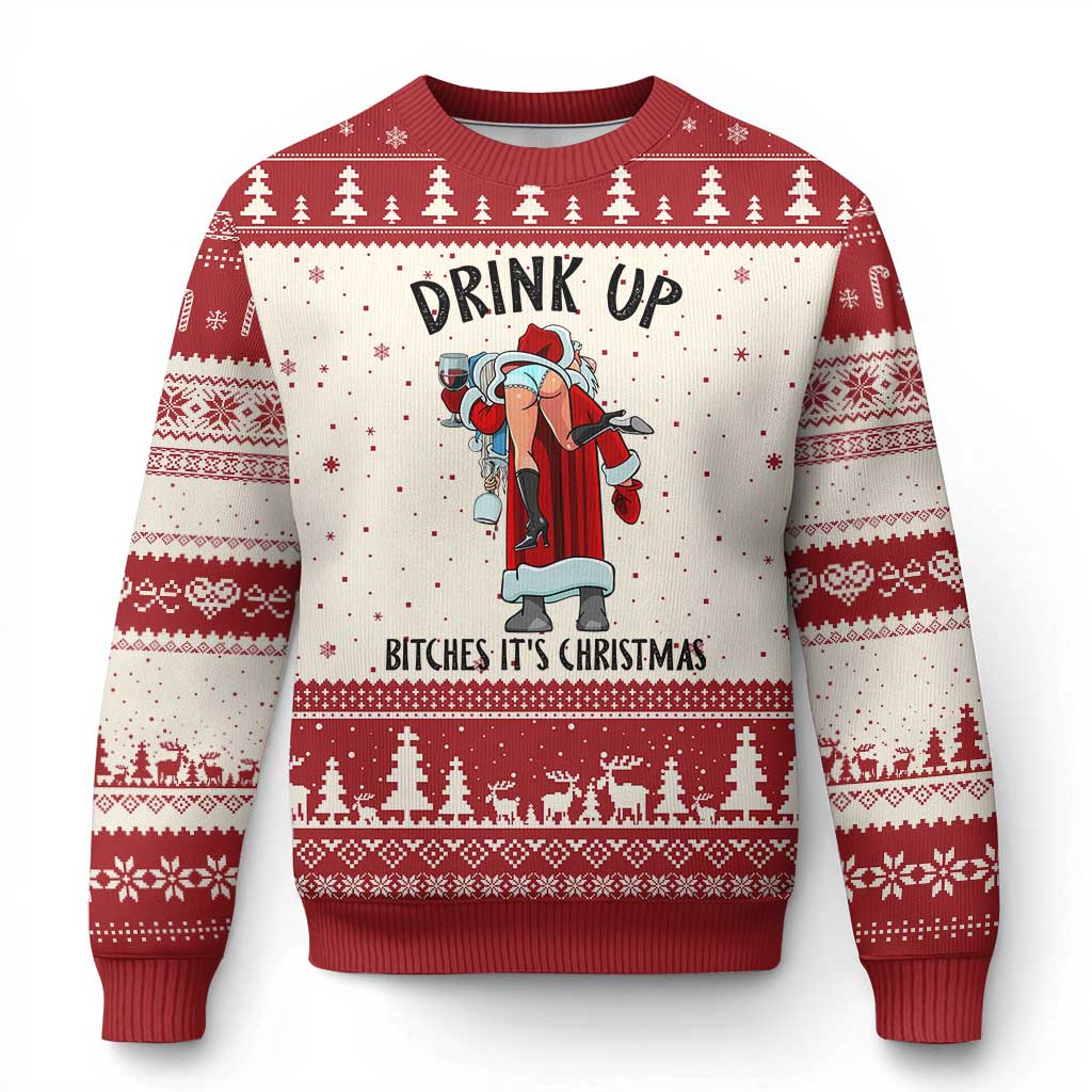 Funny Xmas Wine Ugly Christmas Sweater Drink Up Bitches It Is Xmas TS14 Beige Red Print Your Wear