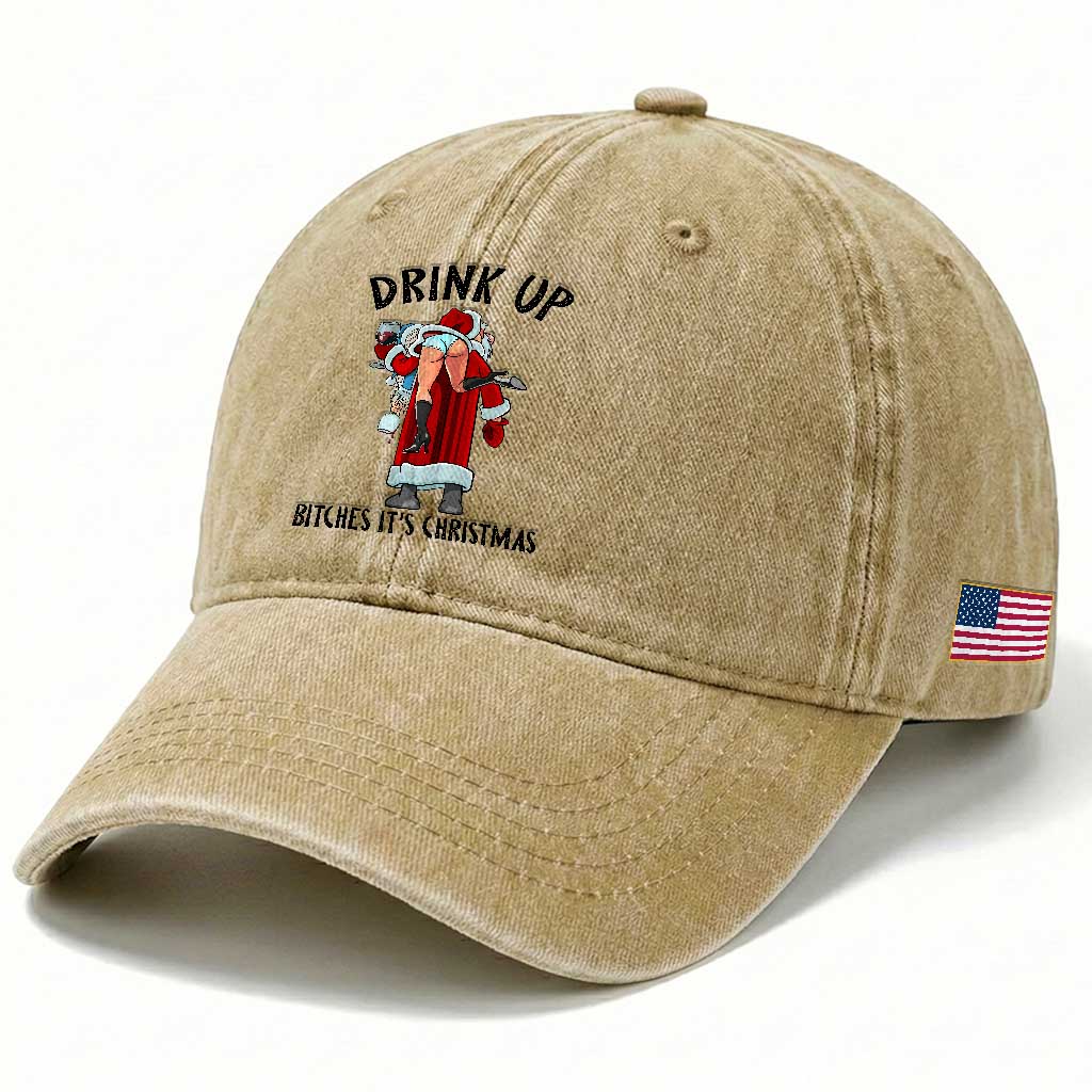 Funny Christmas Wine Washed Cotton Baseball Cap Drink Up Bitches It Is Christmas TS14 Print Your Wear
