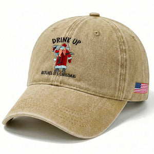 Funny Christmas Wine Washed Cotton Baseball Cap Drink Up Bitches It Is Christmas TS14 Print Your Wear