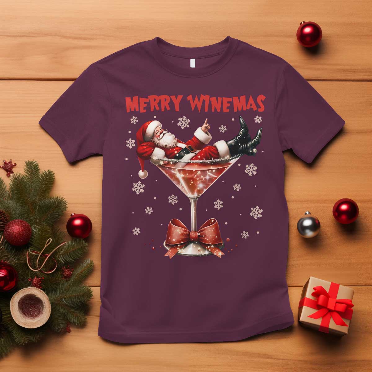 Funny Christmas Wine T Shirt Santa Feeling Xmas TS14 Maroon Print Your Wear