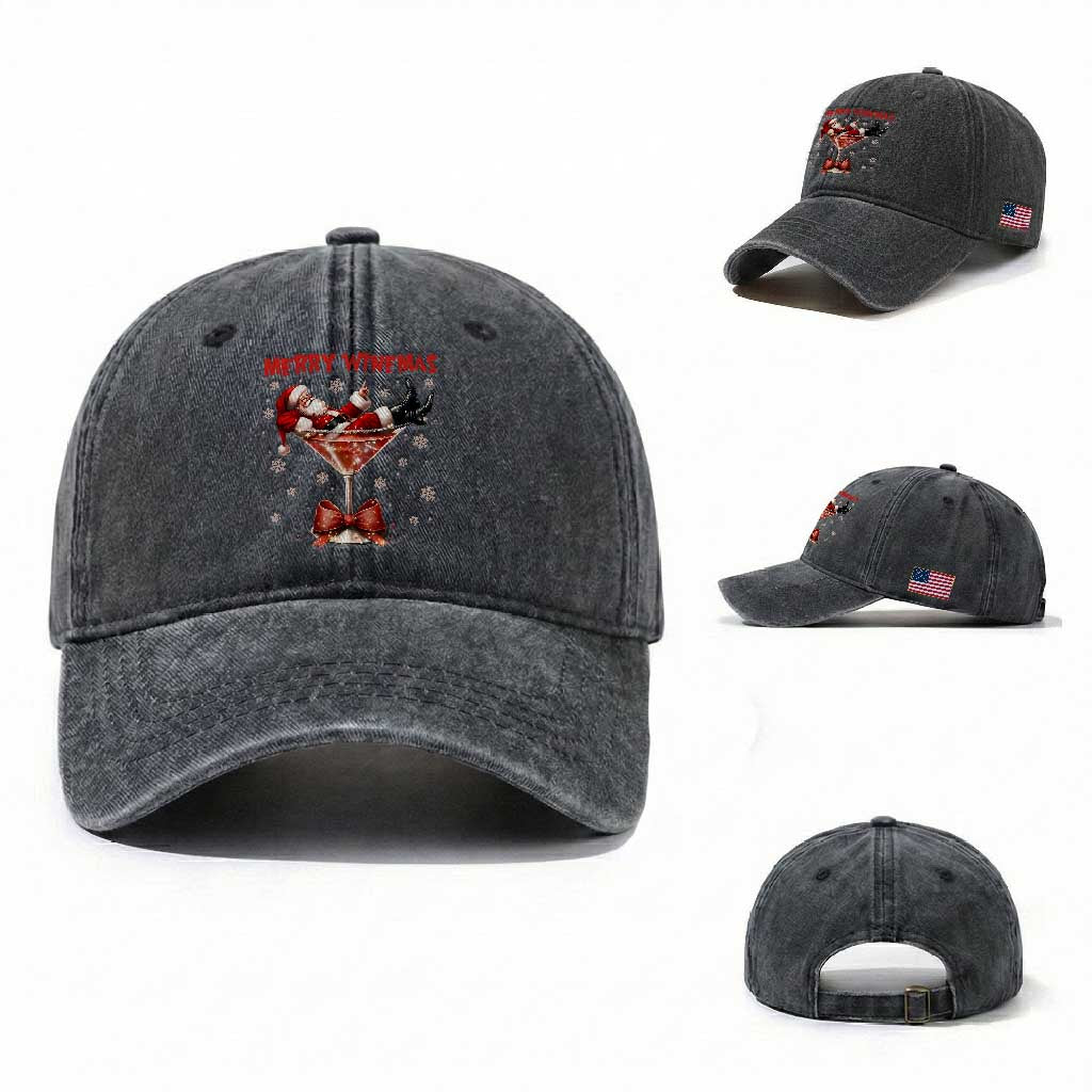 Funny Christmas Wine Washed Cotton Baseball Cap Santa Feeling Xmas TS14 Washed Cap Universal Fit Dark Gray Print Your Wear