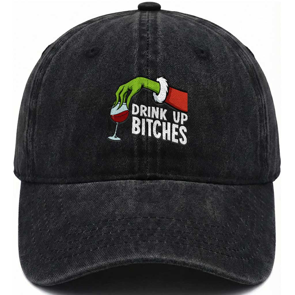Funny Christmas Wine Washed Cotton Baseball Cap Drink Up Bitches TS14 Washed Cap Universal Fit Black Print Your Wear