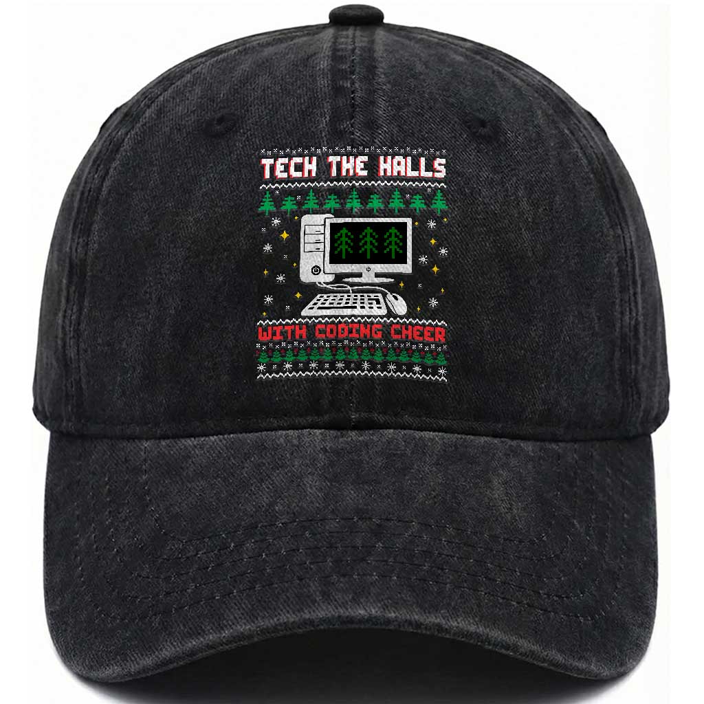 Tech Support Christmas Washed Cotton Baseball Cap Tech The Halls With Cooking Cheer TS14 Washed Cap Universal Fit Black Print Your Wear