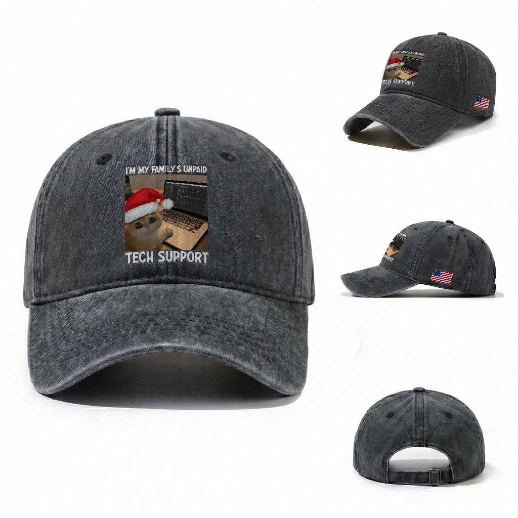 Funny Tech Support Cat Christmas Washed Cotton Baseball Cap TS14 Washed Cap Universal Fit Dark Gray Print Your Wear