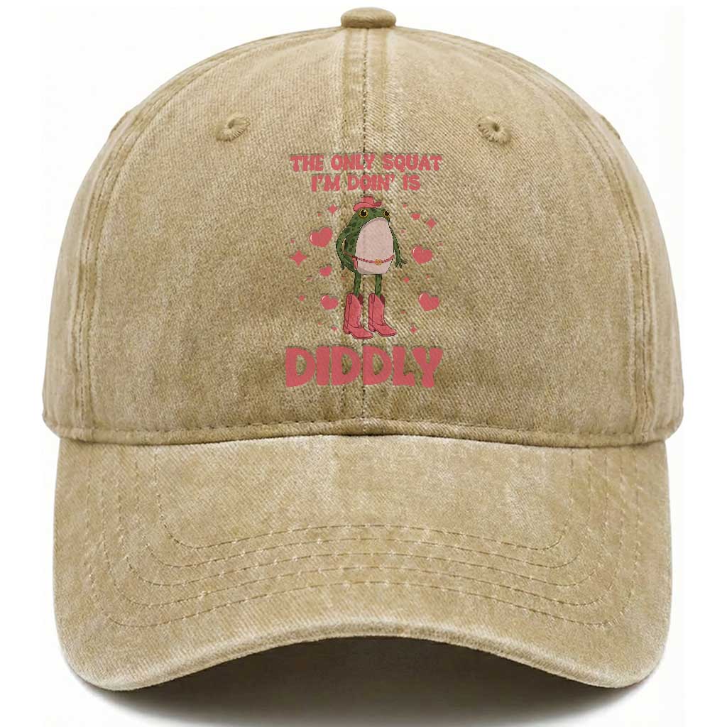 Funny Cowboy Frog Washed Cotton Baseball Cap The Only Squat I'm Doin' Is Diddly TS14 Washed Cap Universal Fit Khaki Print Your Wear