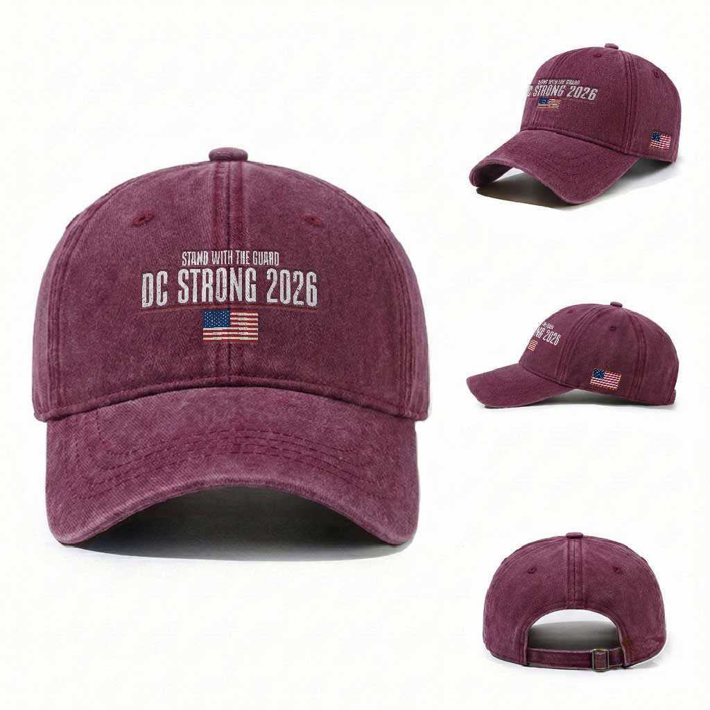 Stand With The Guard Washed Cotton Baseball Cap DC Guardsmen 2026 TS14 Washed Cap Universal Fit Burgundy Print Your Wear