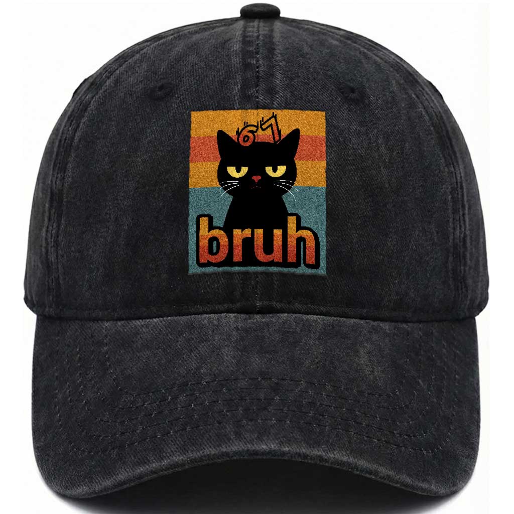 67 Six Seven Bruh Cat Meme Washed Cotton Baseball Cap Cute Black Cat Funny Saying TS14 Washed Cap Universal Fit Black Print Your Wear
