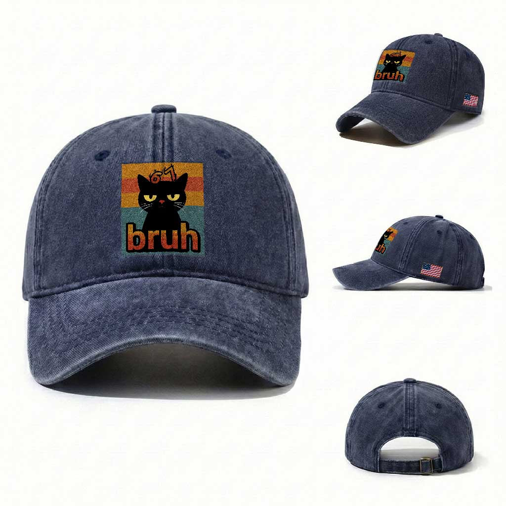 67 Six Seven Bruh Cat Meme Washed Cotton Baseball Cap Cute Black Cat Funny Saying TS14 Washed Cap Universal Fit Navy Print Your Wear