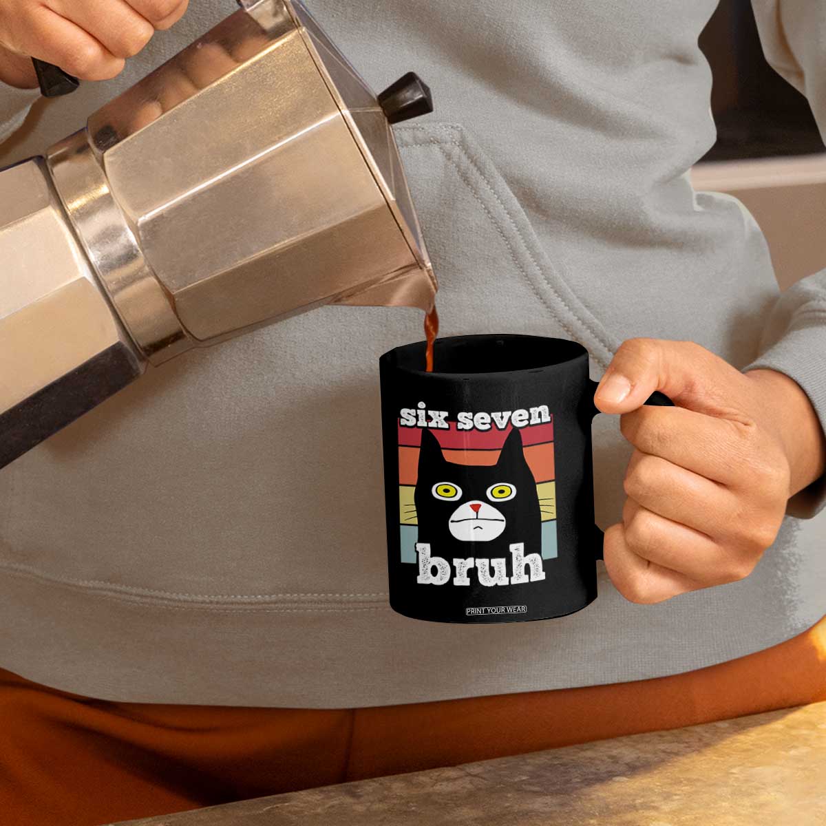 67 Bruh Meme Coffee Mug Funny Six Seven Black Cat TS14 Print Your Wear