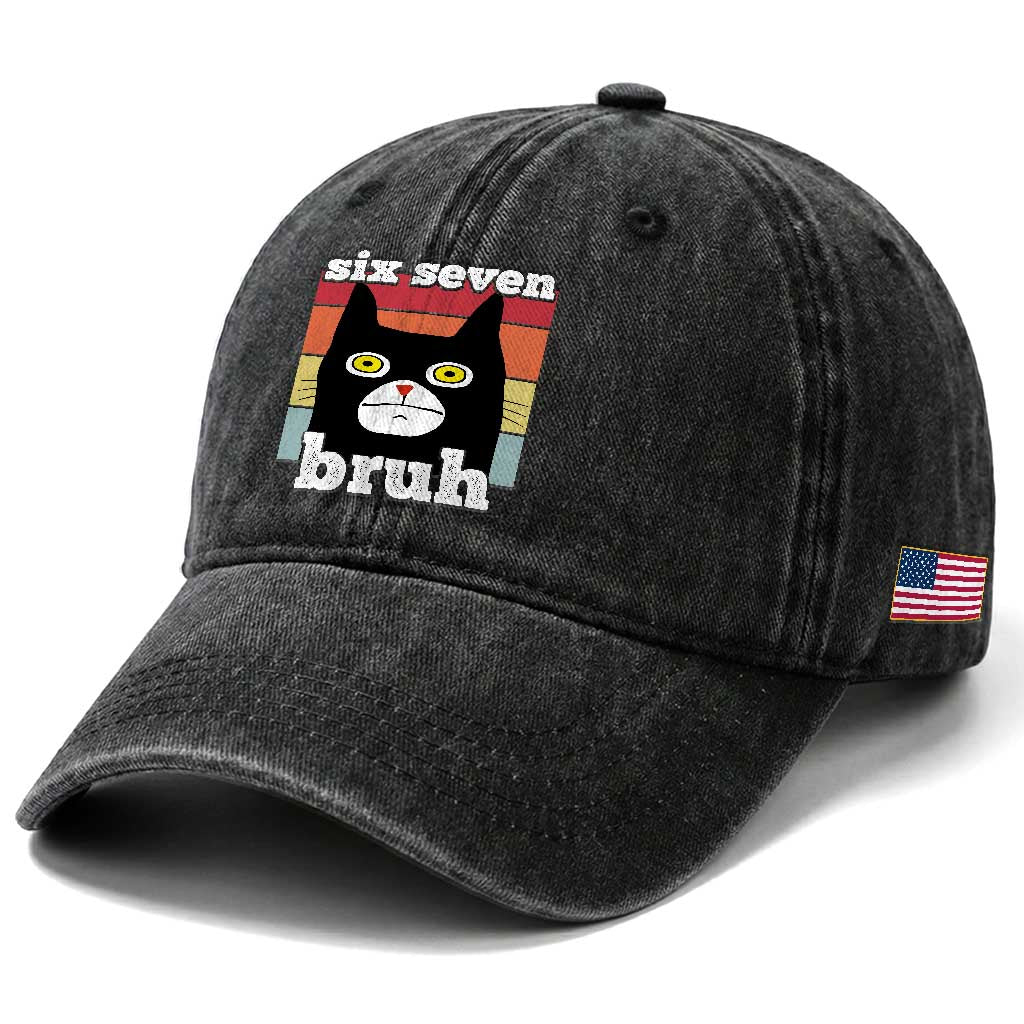 67 Bruh Meme Washed Cotton Baseball Cap Funny Six Seven Black Cat TS14 Print Your Wear