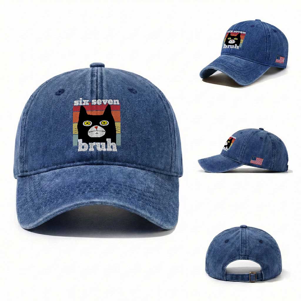 67 Bruh Meme Washed Cotton Baseball Cap Funny Six Seven Black Cat TS14 Washed Cap Universal Fit Royal Blue Print Your Wear
