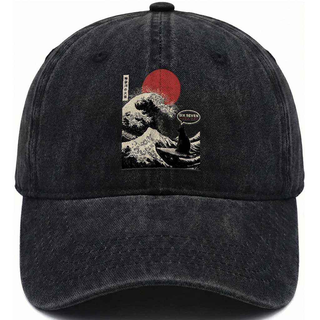 67 Six Seven Bruh Meme Washed Cotton Baseball Cap Funny Japanese Black Cat Surfing The Great Wave Kanagawa TS14 Washed Cap Universal Fit Black Print Your Wear
