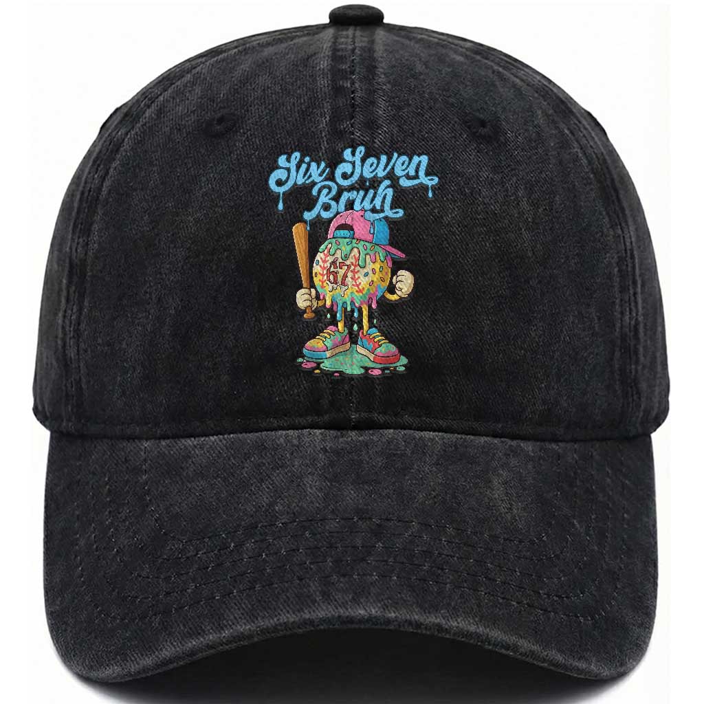 67 Bruh Meme Washed Cotton Baseball Cap Ice Cream Drip Baseball Sport TS14 Washed Cap Universal Fit Black Print Your Wear