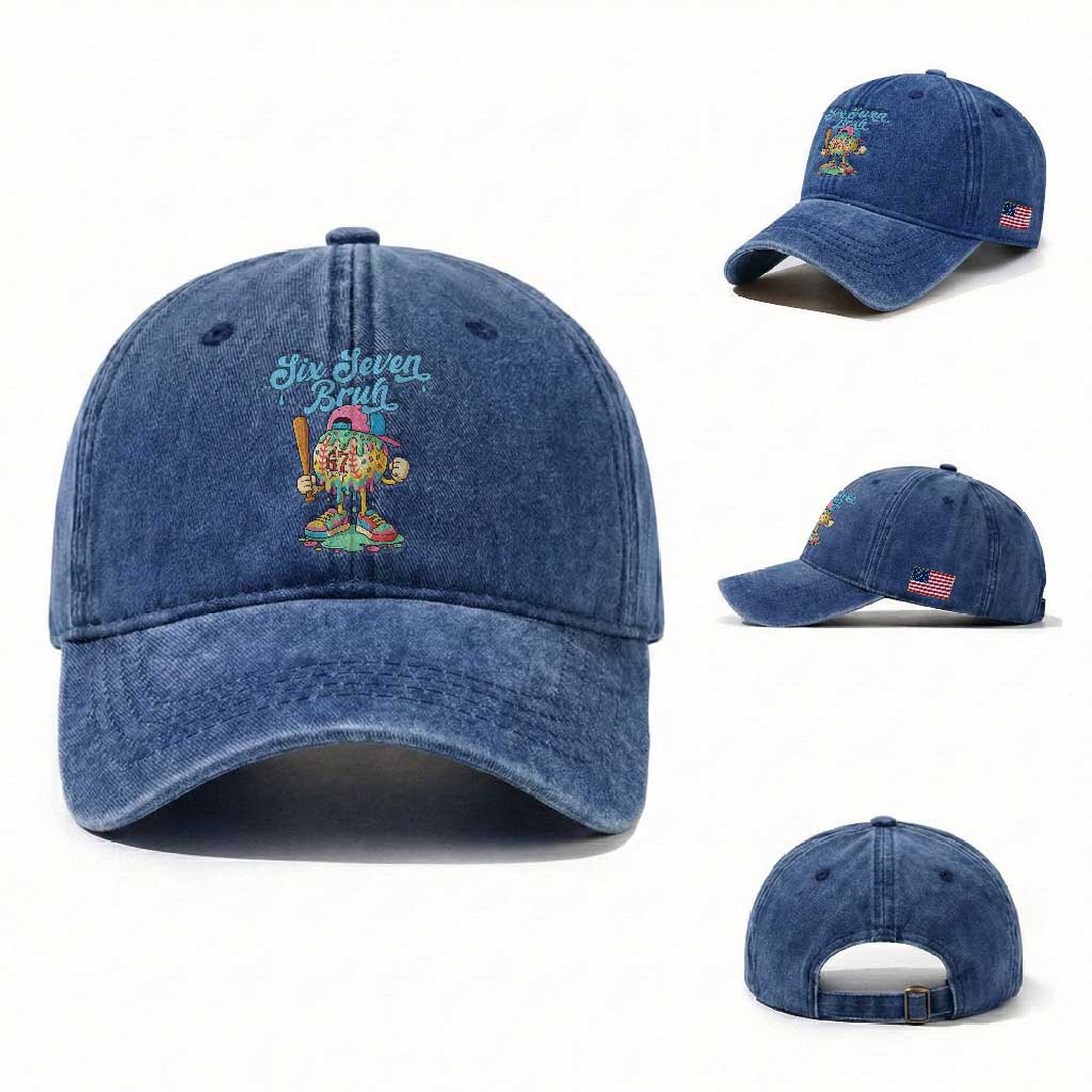 67 Bruh Meme Washed Cotton Baseball Cap Ice Cream Drip Baseball Sport TS14 Washed Cap Universal Fit Royal Blue Print Your Wear