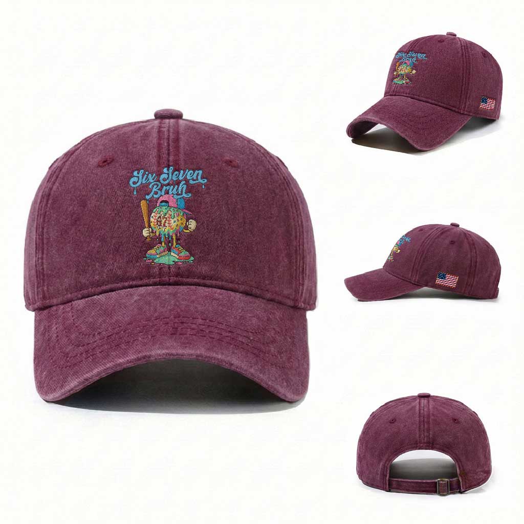 67 Bruh Meme Washed Cotton Baseball Cap Ice Cream Drip Baseball Sport TS14 Washed Cap Universal Fit Burgundy Print Your Wear