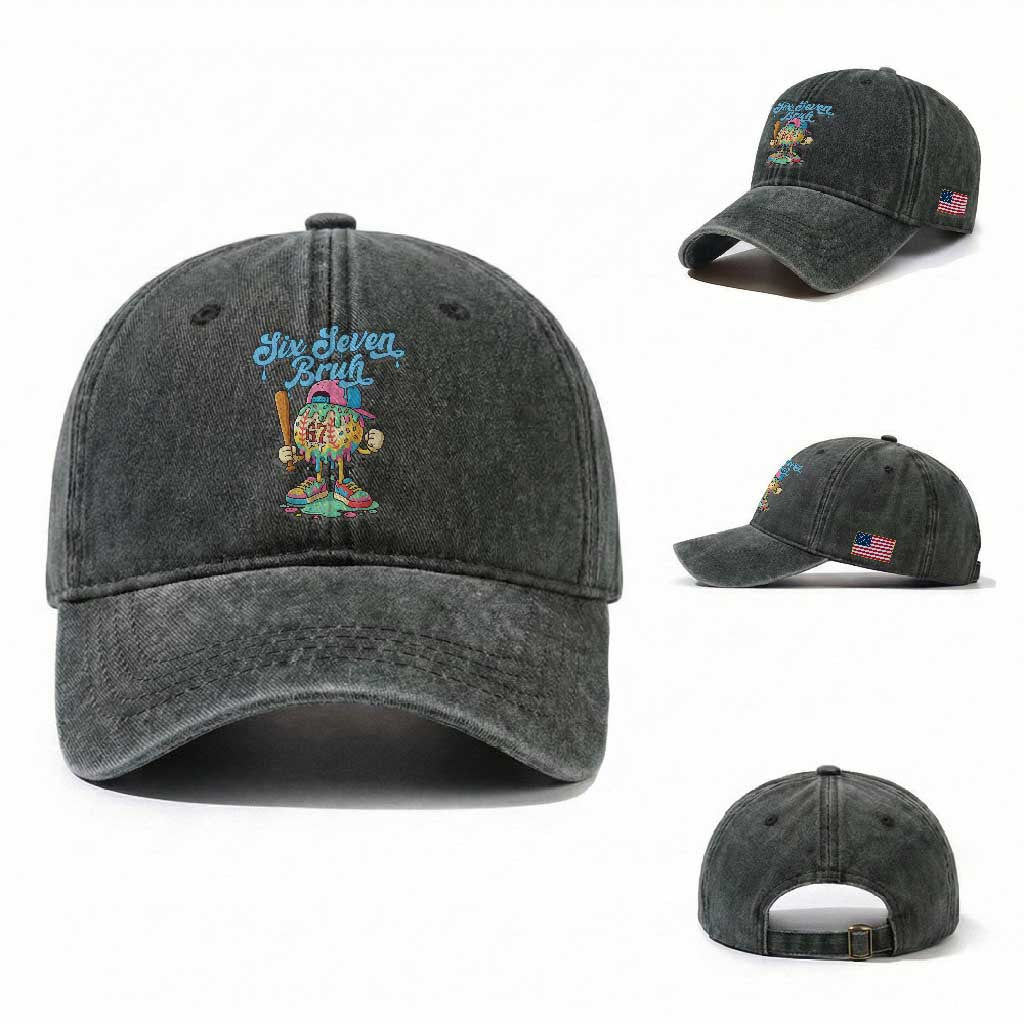 67 Bruh Meme Washed Cotton Baseball Cap Ice Cream Drip Baseball Sport TS14 Washed Cap Universal Fit Dark Green Print Your Wear