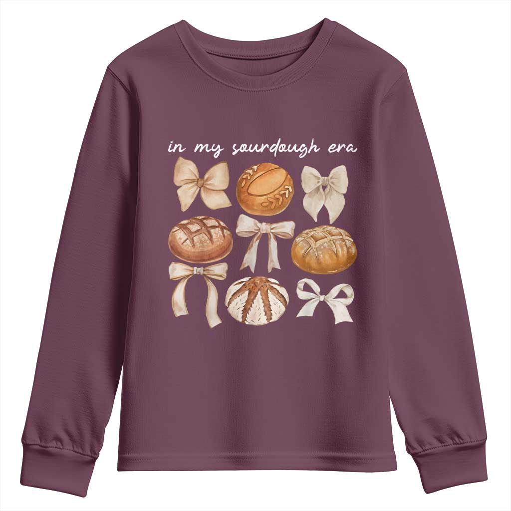 In My Sourdough Era Youth Sweatshirt Coquette Bows Baking Bread Lover TS14 Maroon Print Your Wear